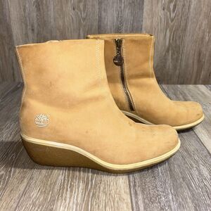 Timberland Camel Tan Nubuck Leather Wedge Zip Ankle Boots 37356 Womens US Size 8